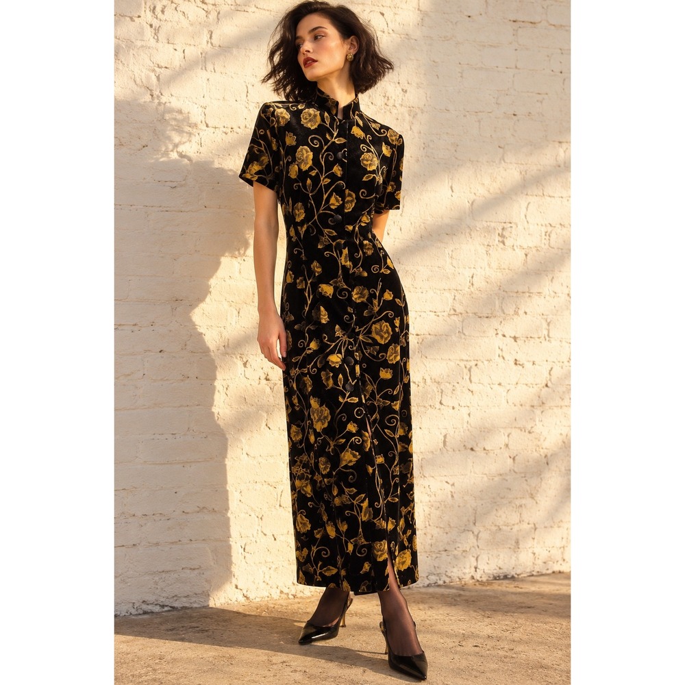 Vintage Amanda Smith Black Gold Velvet Floral Maxi Dress Mandarin Collar Size 12